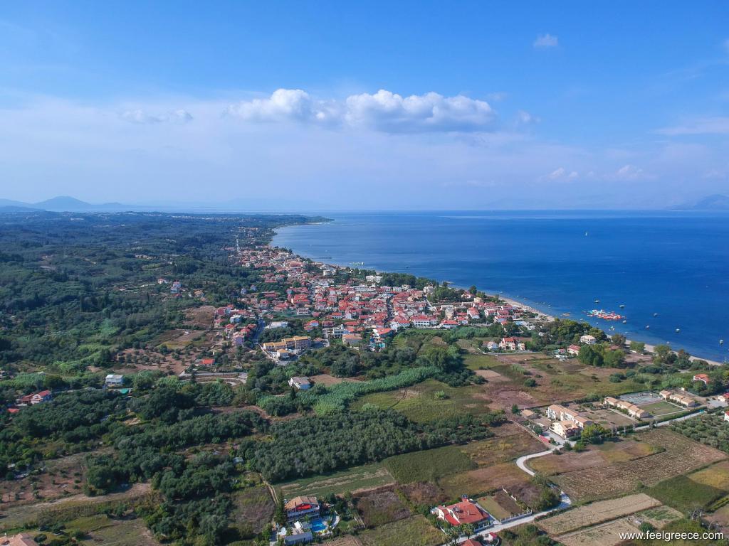 Aerial view of the village and beach