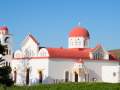 Big white church with red roof