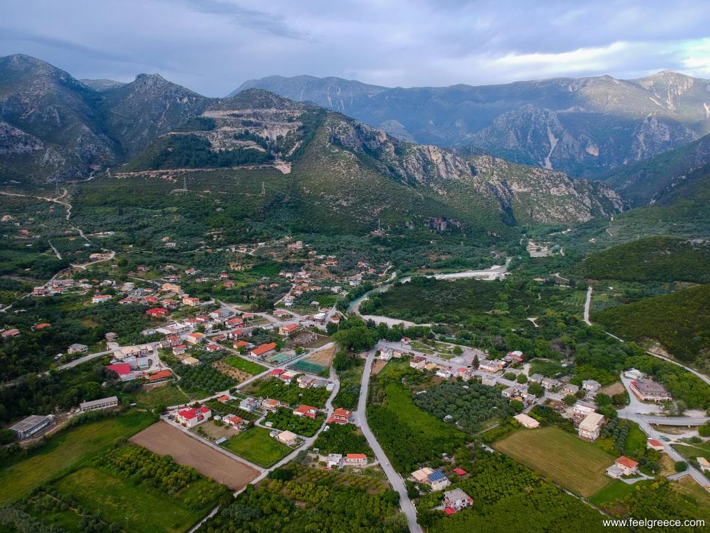 Aerial view of the village and the river crossing it