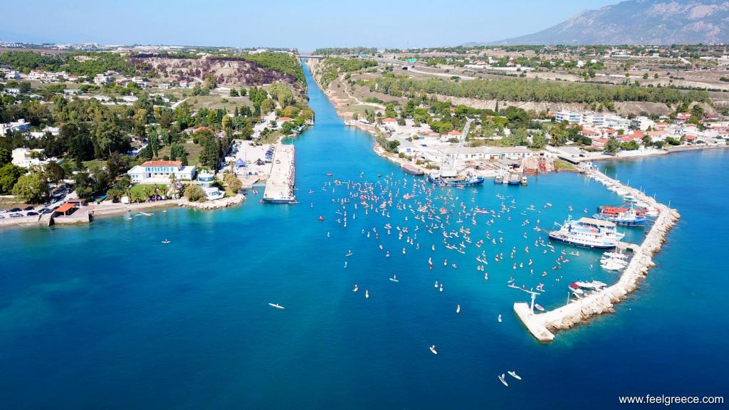 Aerial view of SUP competition at the Corinthian canal