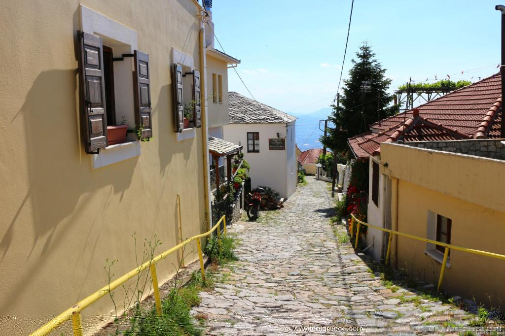 Cobbled alley and houses with view