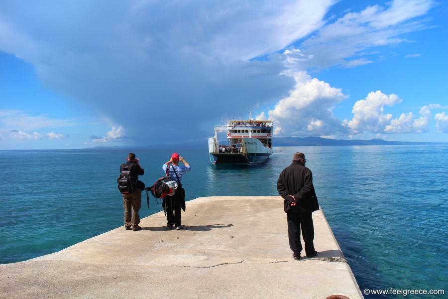 Ferry nears the pier of Zographou Monastery