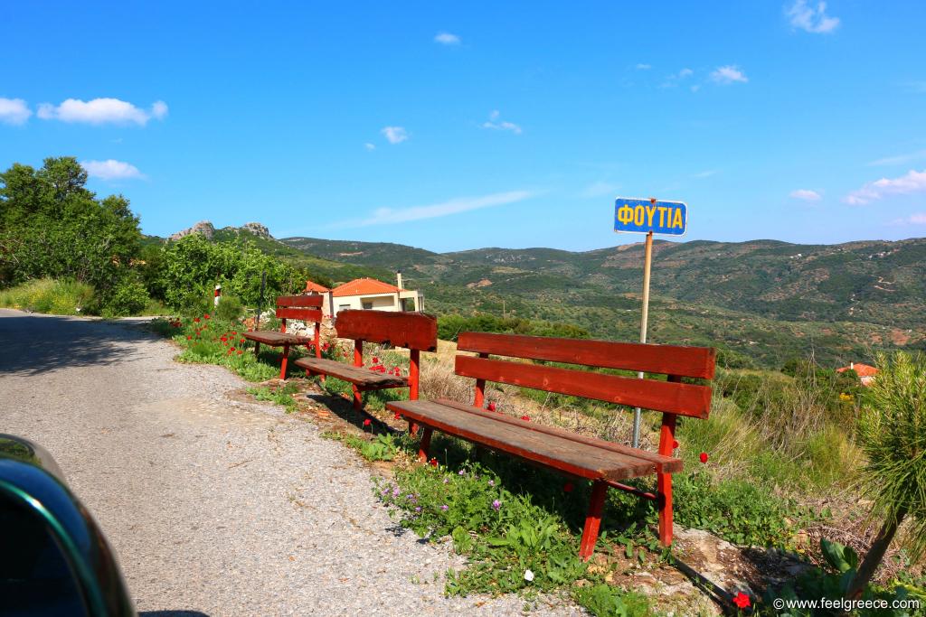 The benches and the village sign at the bus stop