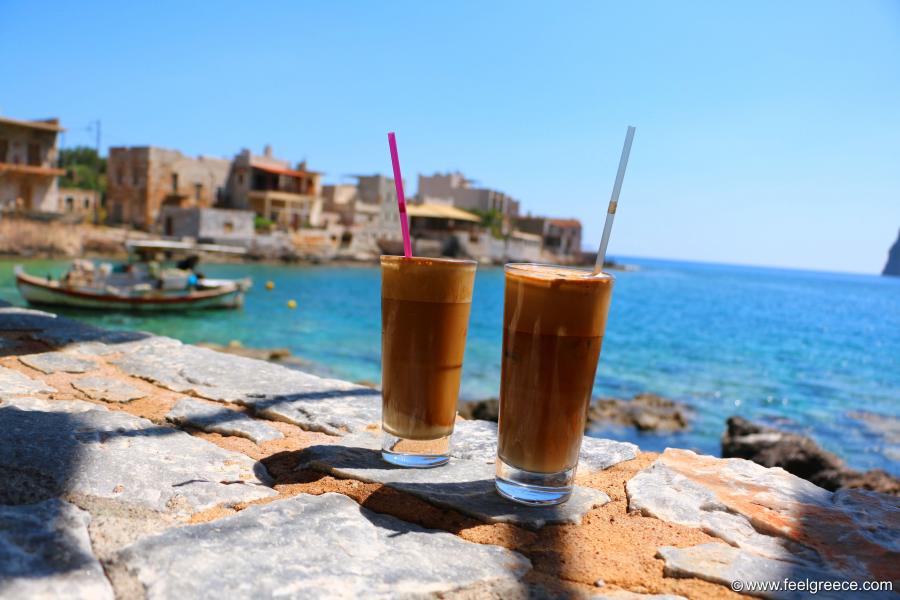 Cold frappe with view of the pier