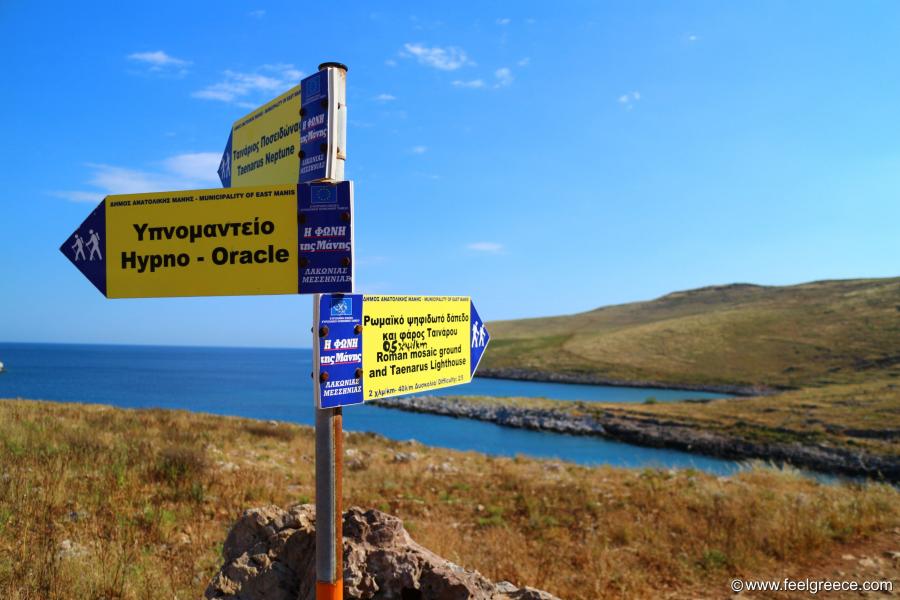 Signboard pointing to the lighthouse and the Roman mosaic