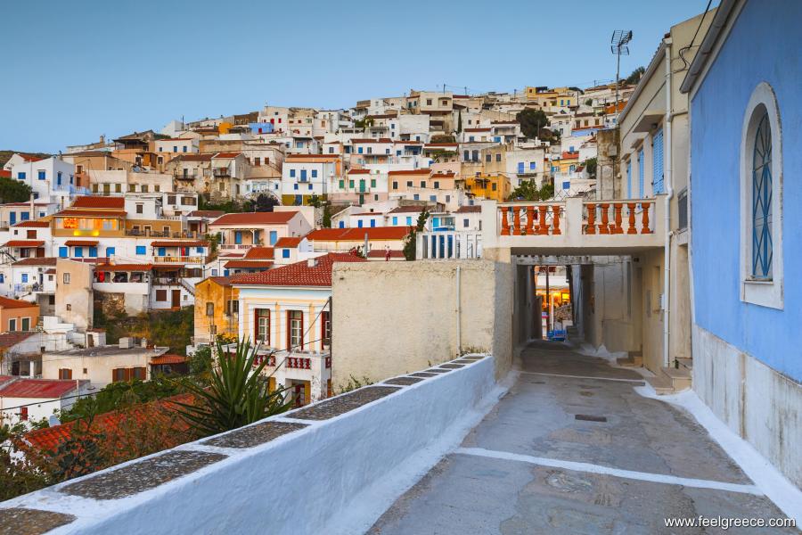 Small tunnel and colorful houses built on a hill